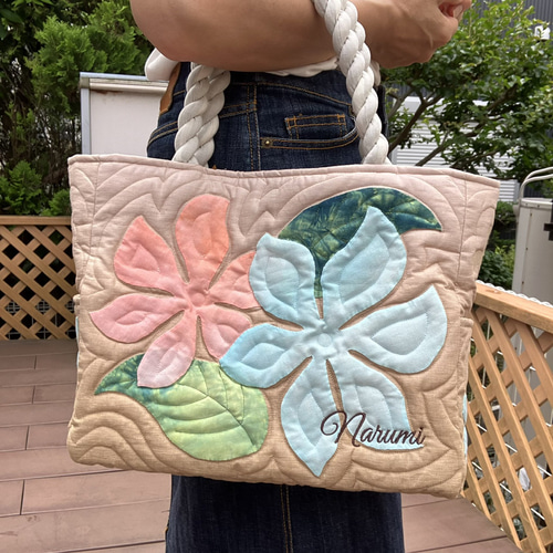 ハワイアンキルト プルメリアトートバックベージュオレンジ 受注製作