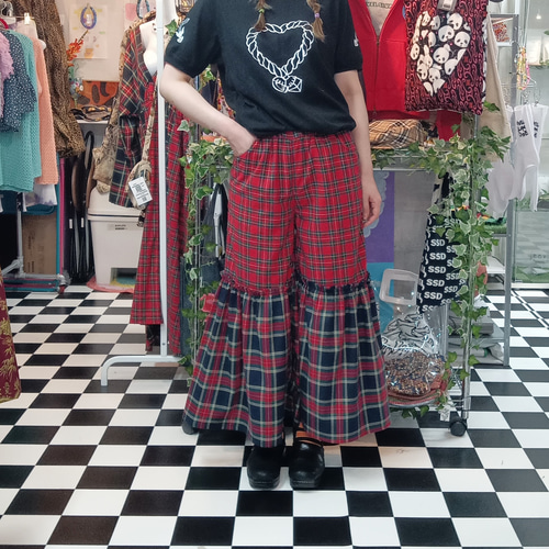 タータンチェックミックス ギャザーガウチョパンツ キュロット・ワイド