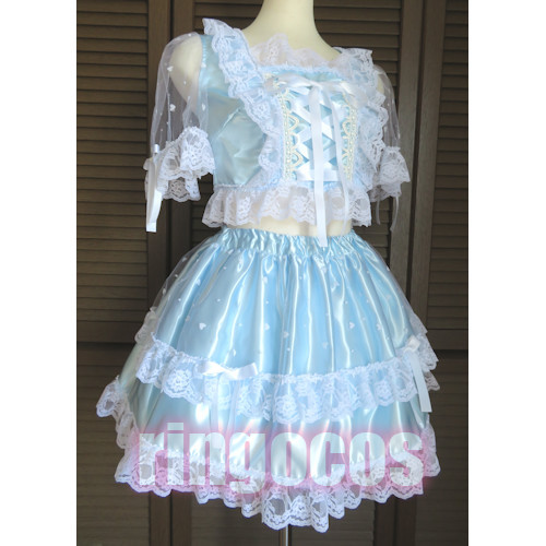 アイドル衣装 水色×白 ハート 編み上げリボン オリジナル ハンドメイド