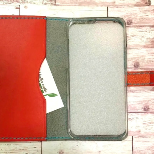 サイドポケット付き 栃木レザー ネイビー×レッド iPhoneケース