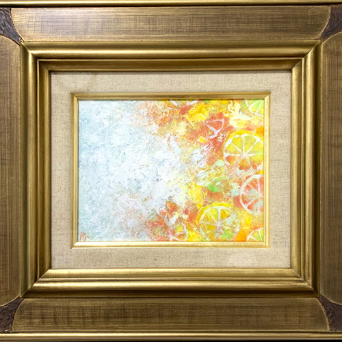 原画 油絵 シトラスの海 額縁付き 柑橘系のアート 抽象画 F0号