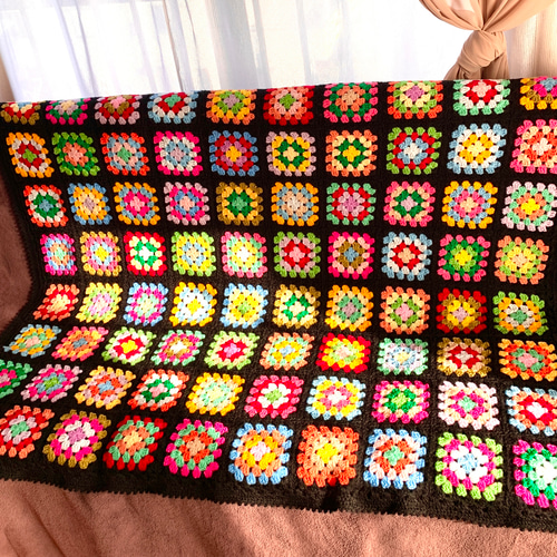 ハンドメイド かぎ針編み グラニースクエア ブランケット ひざ掛け