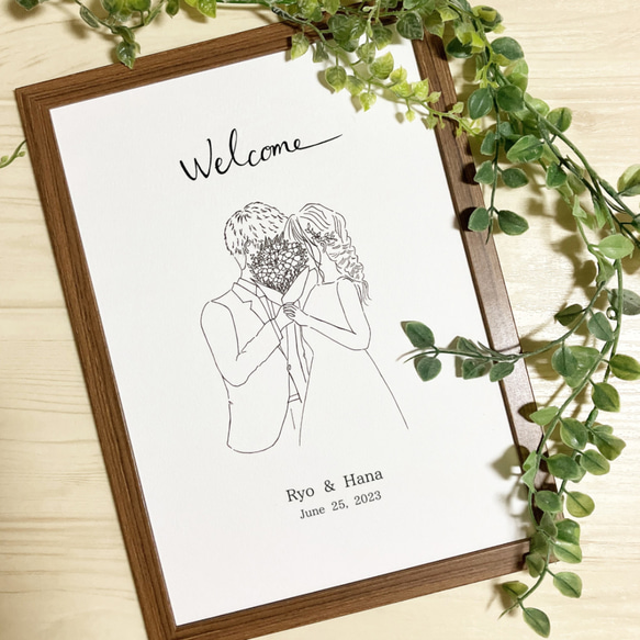 ウェルカムボード 線画 似顔絵 ウェディング ブーケ シンプル 名入れ