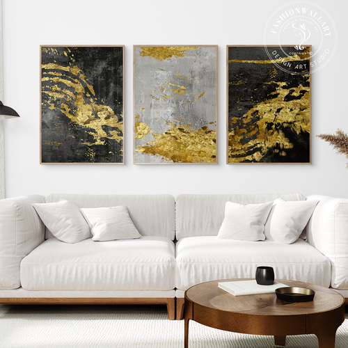 アートポスター 和モダン ゴールド＆ブラック 抽象画 3枚セット