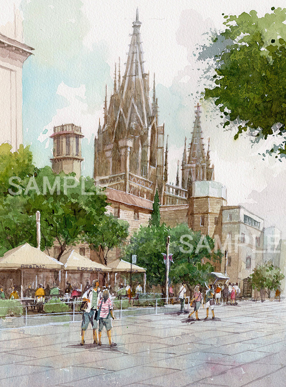透明水彩画 スペイン バルセロナ セントエウリアス大聖堂 風景 原画