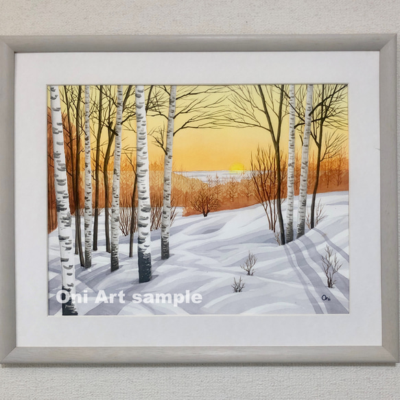 雪原の朝焼け01」透明水彩画 原画 風景画 額縁付 F6サイズ 絵画 Oni