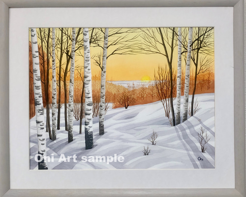 雪原の朝焼け01」透明水彩画 原画 風景画 額縁付 F6サイズ 絵画 Oni