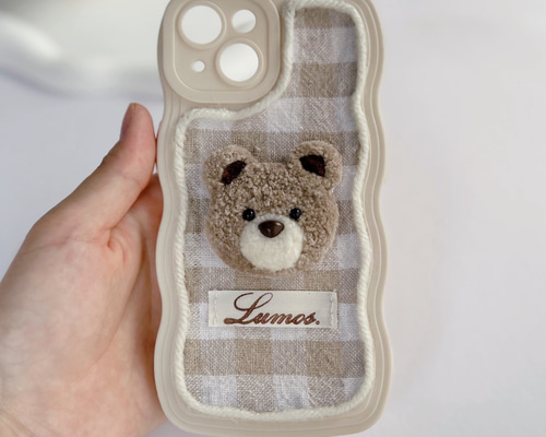 くまの刺繍スマホケース＊テディベア＊ギンガムチェック＊茶色