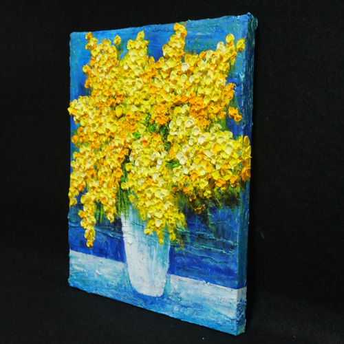 油絵 油彩 油彩画 絵 絵画 【青い背景のミモザ】 絵画 HR 通販