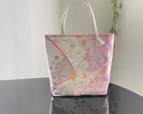 帯リメイクバッグ 蝶と蘭 トートバッグ 和装バッグ 帯バッグ 卒業式