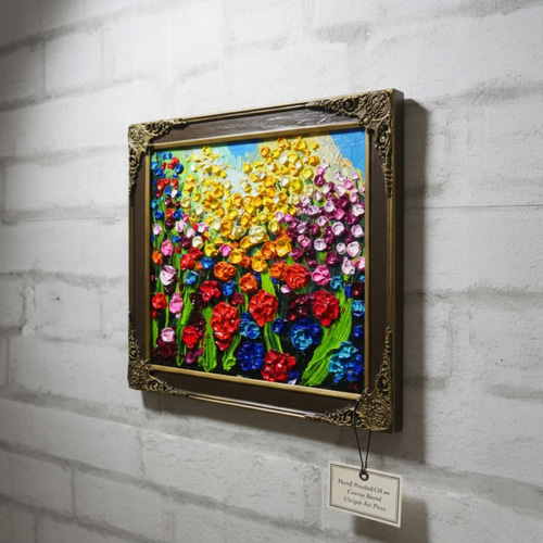 原画】油絵「colorful flower garden」色紙/ 鮮やかな花畑の風景画