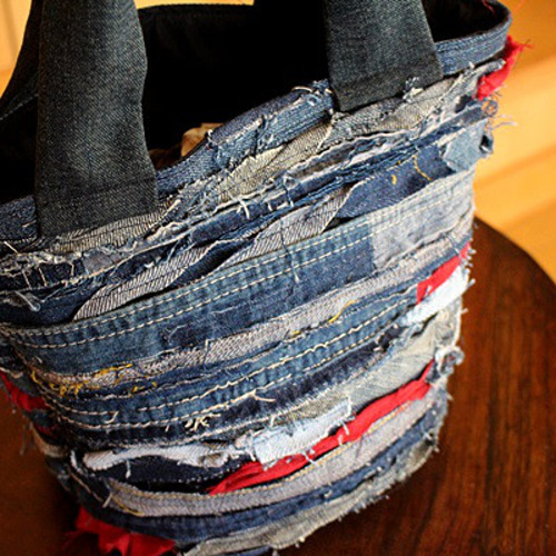 ○SOLD○SAYOCAFE裂き編み風デニムクレイジーパッチのミニバケツバッグ