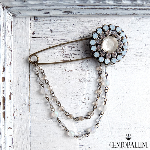 チェコビーズチェーン付きスワロラインストーン ピンブローチ