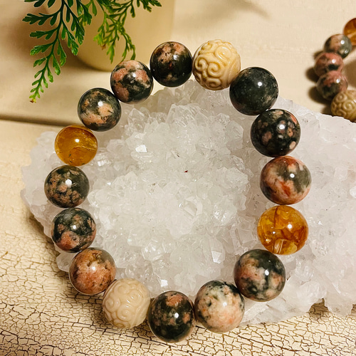 K005】天然石ブレスレット♡緑桜瑪瑙♡回紋珠♡ ブレスレット Soulager