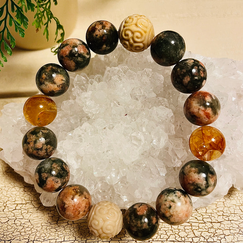 K005】天然石ブレスレット♡緑桜瑪瑙♡回紋珠♡ ブレスレット Soulager