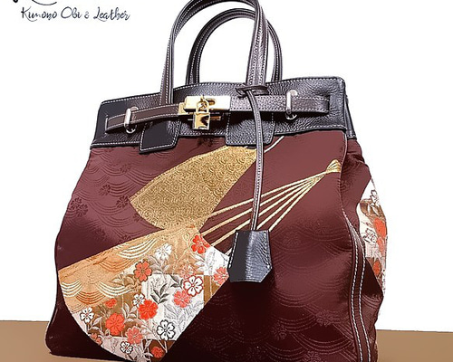 30サイズ#73◇着物帯と本革のリメイクバッグ◇remake.829 日本職