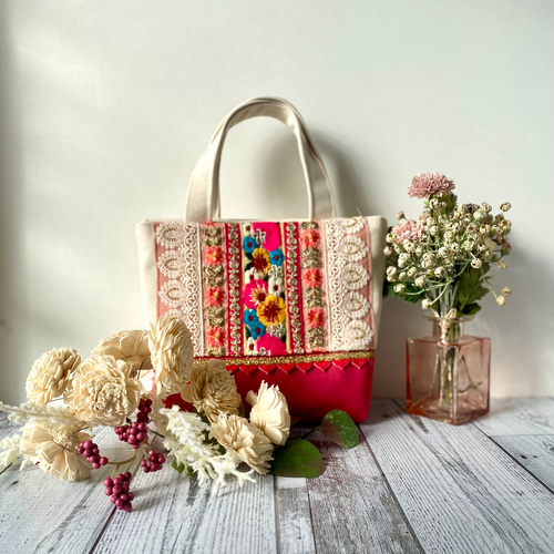 インド刺繍リボン 春カラー気分が上がるトートバッグ トートバッグ