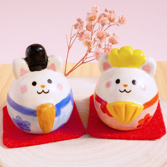 陶器]たまご型猫のおひなさま[白猫 ひなまつり] その他置物