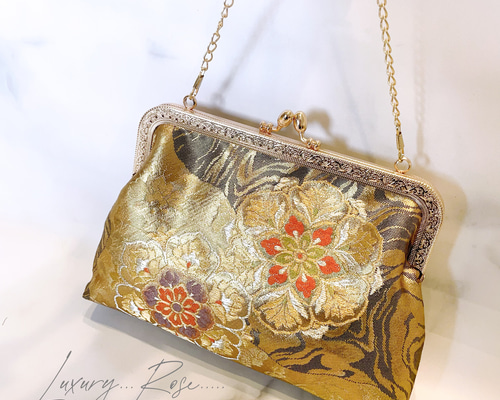 新作！ブラックゴールド♡情緒漂う華輪模様♡高級西陣織帯バッグ