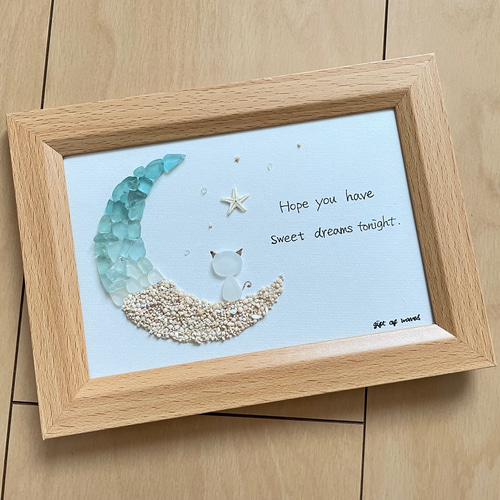 シーグラス 月と猫 三日月 ムーン シーグラスアート ガラス 星の砂