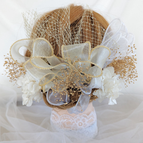 ゴールドリボン × 白リボン 髪飾り 【 成人式 ウェディング 前撮り