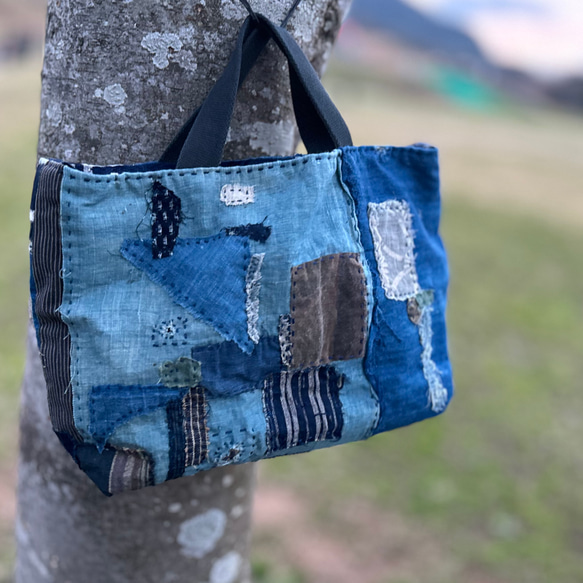 古布チクチクパッチワークのトートバッグ ショルダーバッグ 小豆三粒