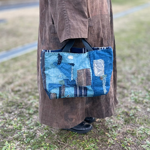 古布チクチクパッチワークのトートバッグ ショルダーバッグ 小豆三粒