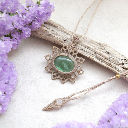 グリーンフローライト天然石マクラメネックレスmac371エスニック