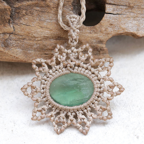 グリーンフローライト天然石マクラメネックレスmac371エスニック