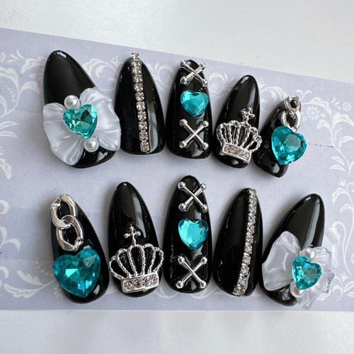 現品】地雷系 量産型 病み メンヘラ 推し リボン 水色 ネイルチップ