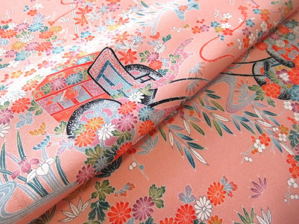 桃色 本加賀友禅 御所車に草花模様 正絹 丹後ちりめん No.202【長さ