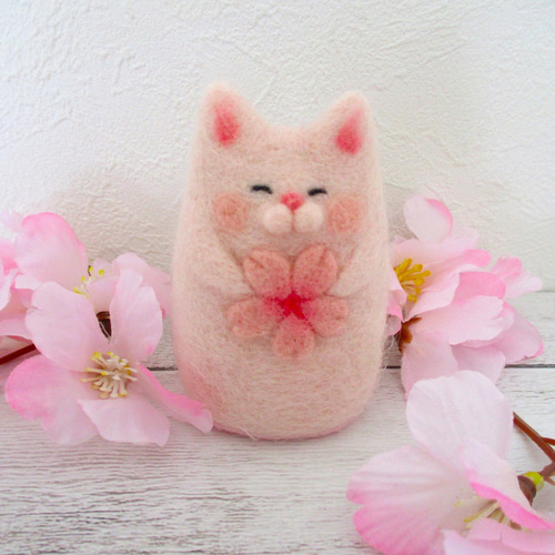 羊毛フェルト 桜にゃこ(猫) 羊毛フェルト はる 通販 17359521｜Creema