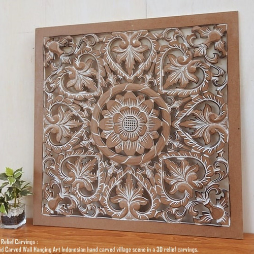 レリーフ 60cmx60cm 四角 正方形 BW アートパネル 木彫り フレーム
