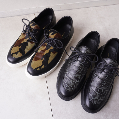 ☆メンズ カモフラージュ柄ハラコ/クロコ型押しレザー レースアップ