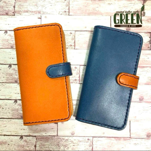 3枚ポケット付き栃木レザー iPhoneケース キャメル×ネイビー 手帳型本