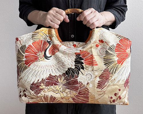 着物リメイク バッグ【バンブーハンドル帯バッグ （特大）平安絵巻鶴と