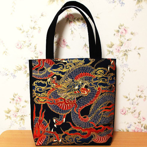 大きめトートバッグ 和柄 龍 龍神 竜 ハンドメイド ショルダーバッグ