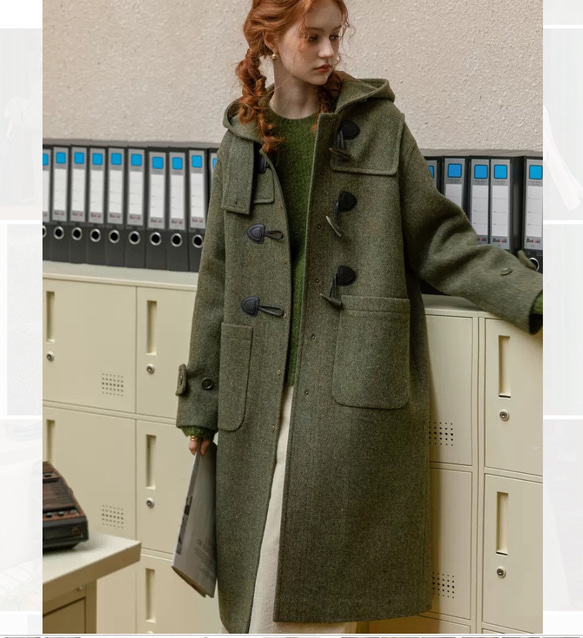 ヘリンボーン柄ウール100% フード付きダッフルコート【冬春秋】カーキ