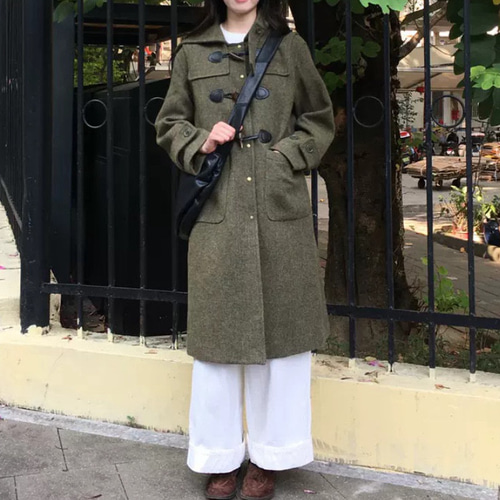 ヘリンボーン柄ウール100% フード付きダッフルコート【冬春秋】カーキ