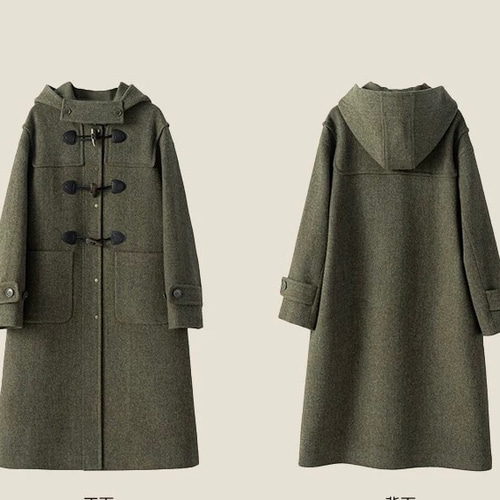 ヘリンボーン柄ウール100% フード付きダッフルコート【冬春秋】カーキ