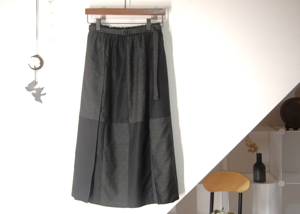 大島紬七マルキ 紗綾形のタックスカート 着物リメイク ロングスカート