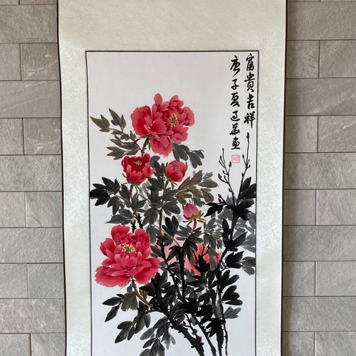 掛け軸 牡丹 葉牡丹 水墨画 インテリア ピンク 絵画 こたつ 通販