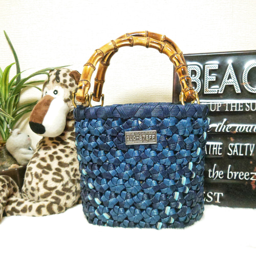 再)クラフトバンド＊かごバッグS/花結び✤ネイビーミックス かごバッグ