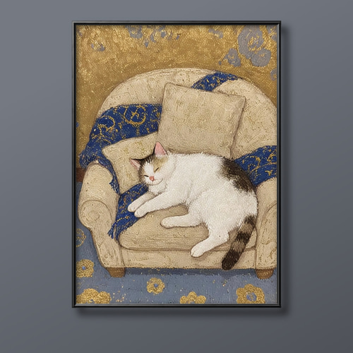 絵画 | イラストポスター 74 ☆ 【ソファーで寝ている猫】 絵画 アカザ
