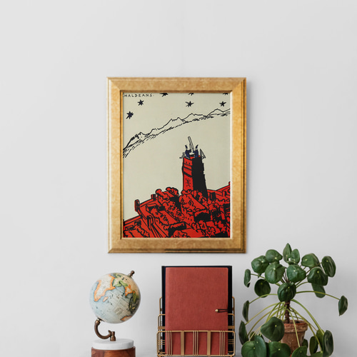 展望台イラストアートポスター☆星街並み赤色ヨーロッパおしゃれ北欧