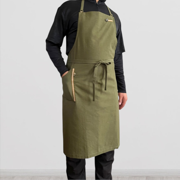 発送3日以内 カーキ エプロン 表地で吸水・裏地で水から守るタイプ