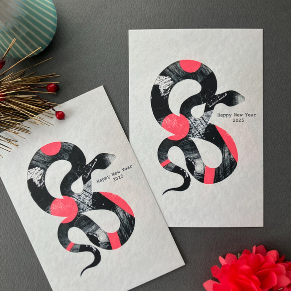 年賀状ポストカード【snake】5枚組セット⭐︎コラージュアート