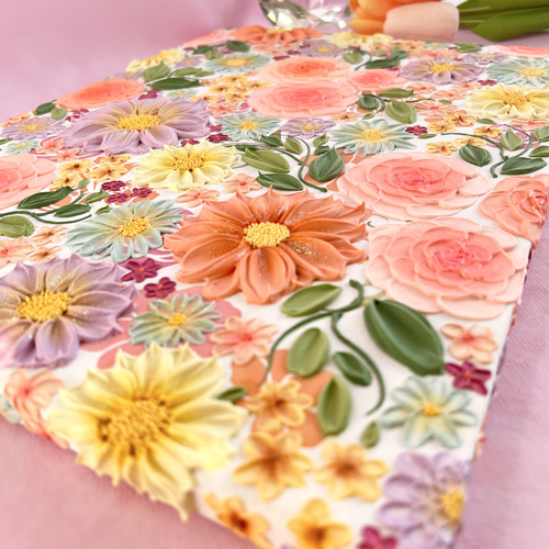 立体的花柄 アクリル絵画 テクスチャーアート フランフラン フラワー