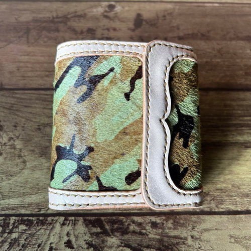 牛本革 三つ折り財布 迷彩柄 ハラコレザー インレイ ヌメ革 手縫い