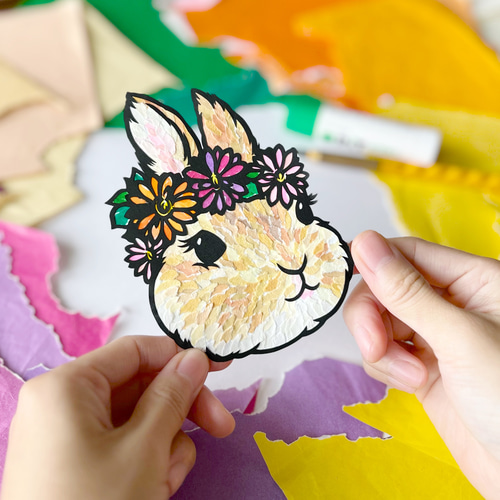 ちぎり絵×切り絵】原画アート 『ra-bit（花冠うさぎ）』 絵画 紙の